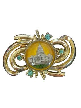 Vintage Washington DC Capitol Bldg Glass Dome Blue Rhinestone Brooch Souvenir